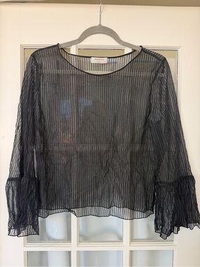 Babaton Black Sheer Striped Blouse with Flared Cuffs